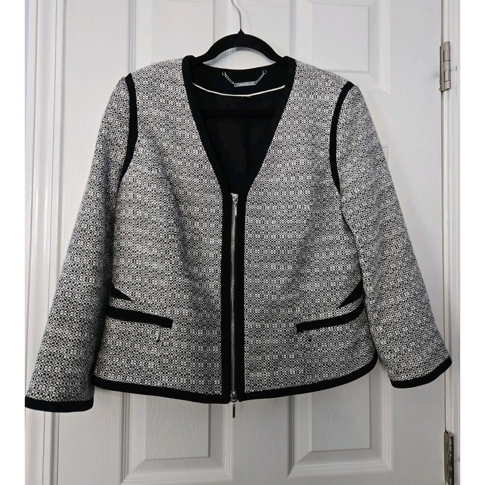 White Black Womans Blazer Size 14 Black & White Tweed Zipup
